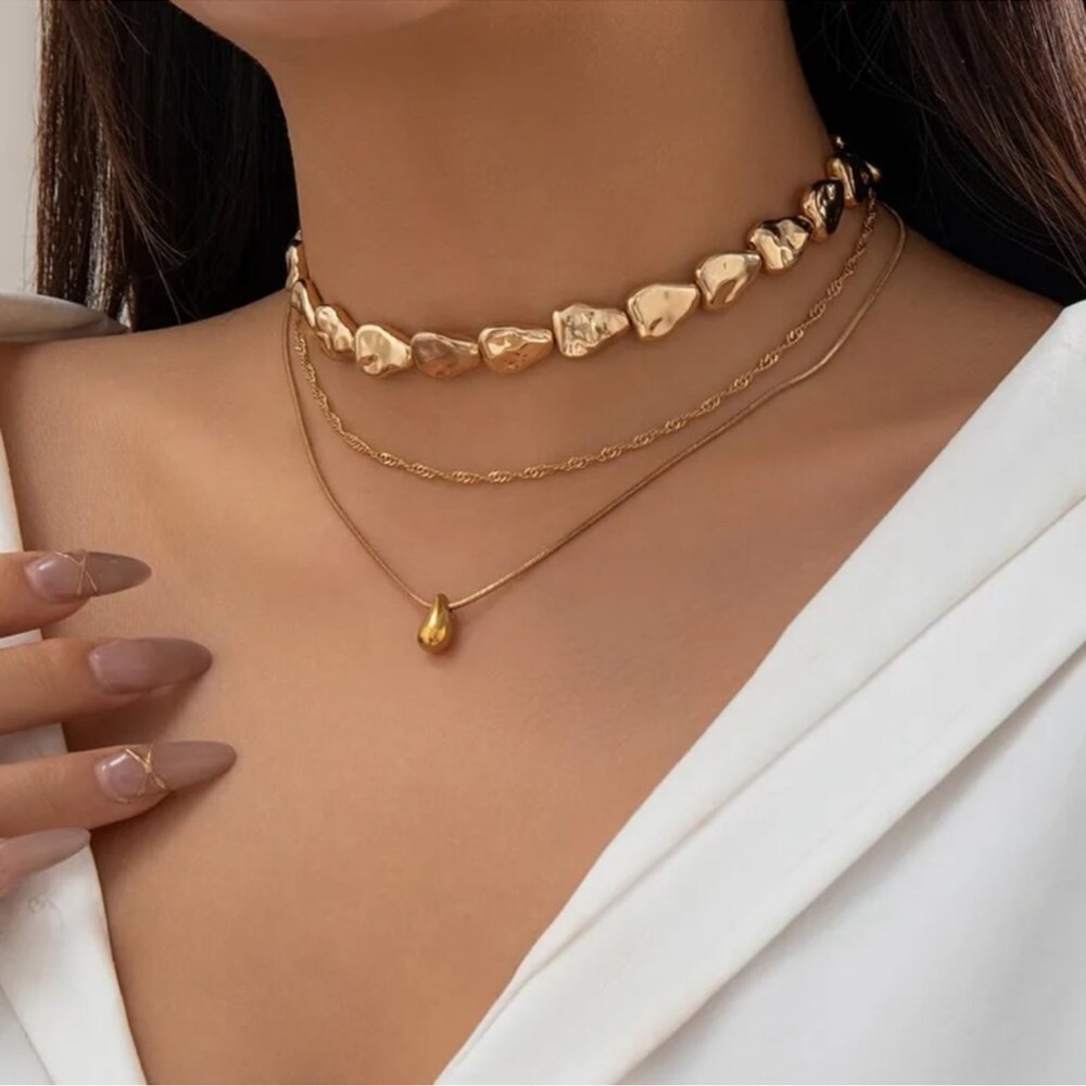 NEW 18k Gold Plated Organic Irregular Beaded Layered Stacked Chain Necklace